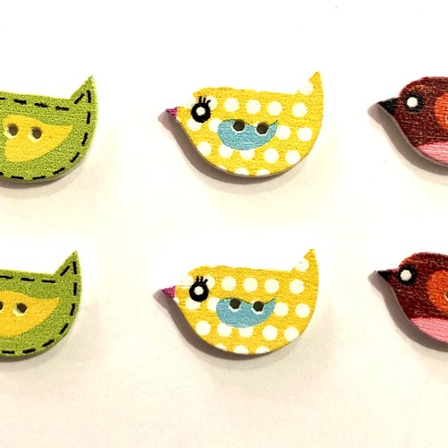Lot de 6 boutons bois , bouton deux trous , button, oiseau , bird