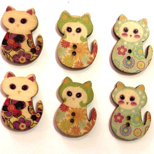Lot de 6 boutons bois , bouton deux trous , button, chat, cat