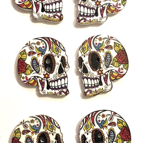 Lot de 6 boutons bois , bouton deux trous , button, tête de mort , skull, halloween, frida kahlo