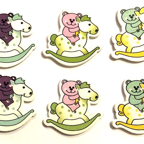 Lot de 6 boutons bois , bouton deux trous , button, bébé, baby, cheval à bascule , naissance , ours