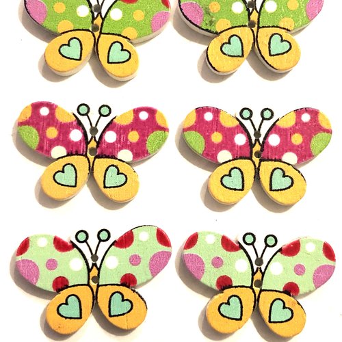 Lot de 6 boutons bois , bouton deux trous , button, papillon, butterfly