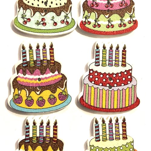 6 boutons bois , bouton deux trous , button, anniversaire , birthday, gâteau