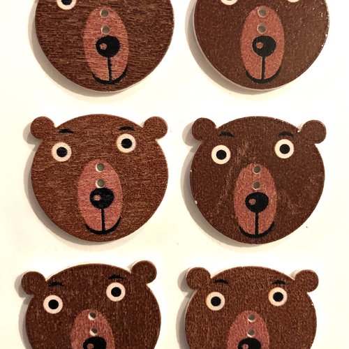 Lot de 6 boutons bois , bouton deux trous , button, ours , teddy bear