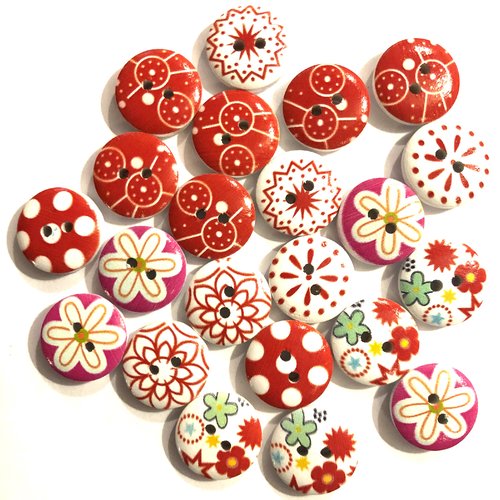 Lot de 22 boutons bois, bouton deux trous , button , fleurs , rouge , lot économique