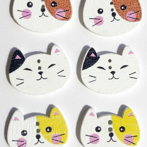 Lot de 6 boutons bois , bouton deux trous , button,, tête de chat, cat