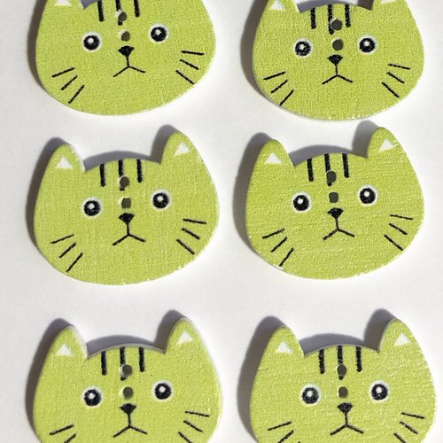 Lot de 6 boutons bois , bouton deux trous , button,, tête de chat, cat