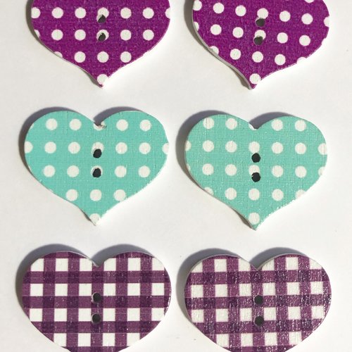 Lot de 6 boutons bois , bouton deux trous , button, coeur, heart , saint valentin , amour