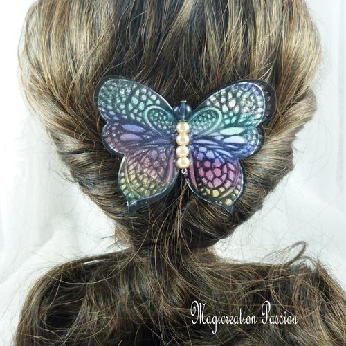 Barrette Papillon Multicolore Et Beige Double Ailes Soie Et Transparent 8 5 Cm Un Grand Marche