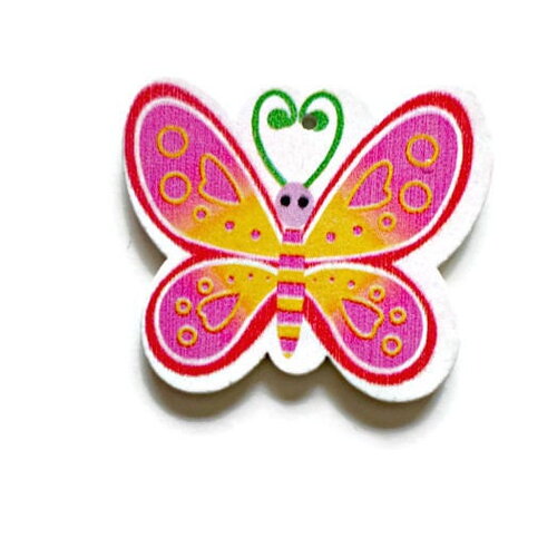 Grand pendentif en bois forme et motif papillon rose 4.6cm x 4cm