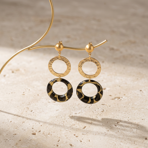Boucles d'oreilles doubles cercles fait main — papier lokta kaki & doré