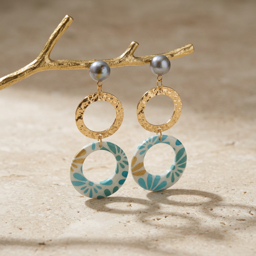 Boucles d'oreilles nāca éventails bleu et vert