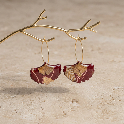 Boucles d'oreilles créoles gingko fait main — papier indien rouge & or