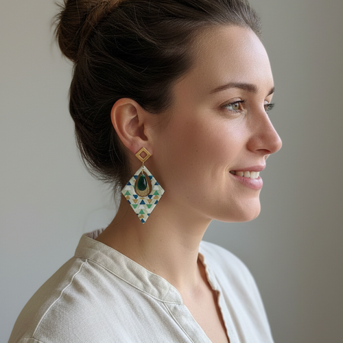 Boucles d'oreilles trikōṇa vert et bleu