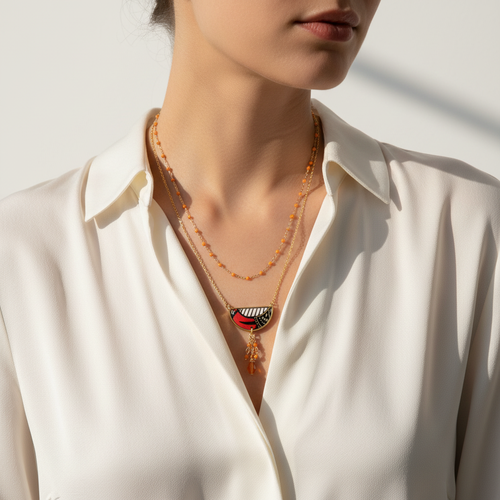 Collier double rang ādhā gōla — papier indien motifs wax & acier doré