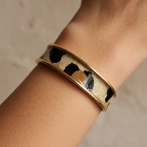 Manchette léopard papier népalais résiné — laiton doré — finition glossy — wild & chic — pièce unique fait main