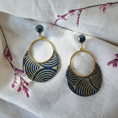 Boucles sūrya | bleu canard & or | papier népalais & perles anthracite | fait main france