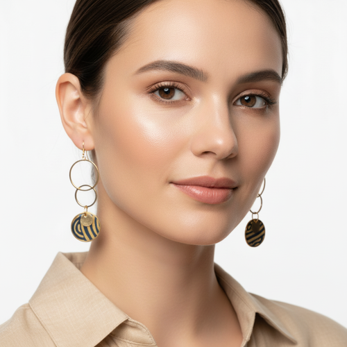 Boucles saṅgha | cascade de cercles | papier népalais bleu canard & caramel | gold filled 14k | fait main france