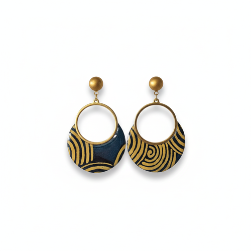 Boucles sūrya | papier népalais bleu canard & caramel | cabochon verre | fait main france