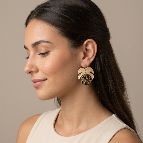 Boucles d'oreilles botaniques monstera — or lumineux & vert kaki