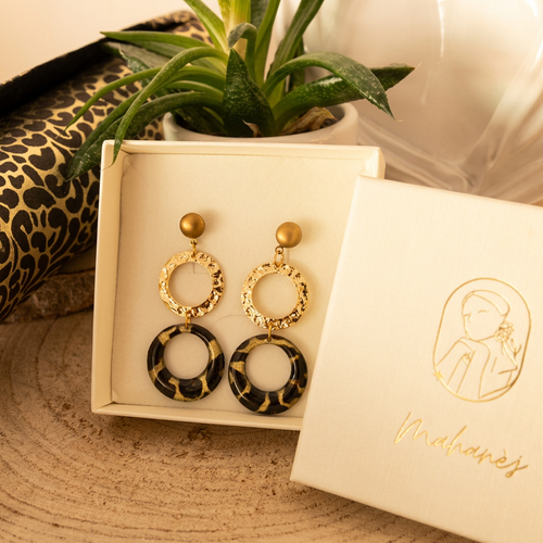 Boucles d'oreilles doubles cercles fait main — papier lokta kaki & doré