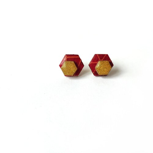 Puces d'oreilles en bois et papiers origami rose et doré