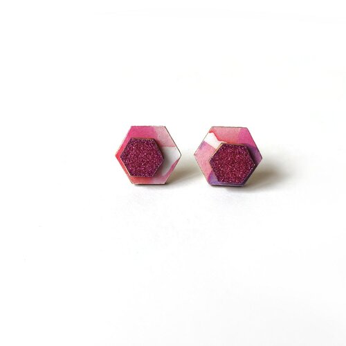 Puces d'oreilles en bois et papiers origami rose et paillettes