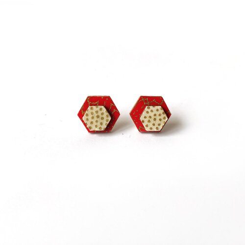 Puces d'oreilles en bois et papiers origami rouge et or