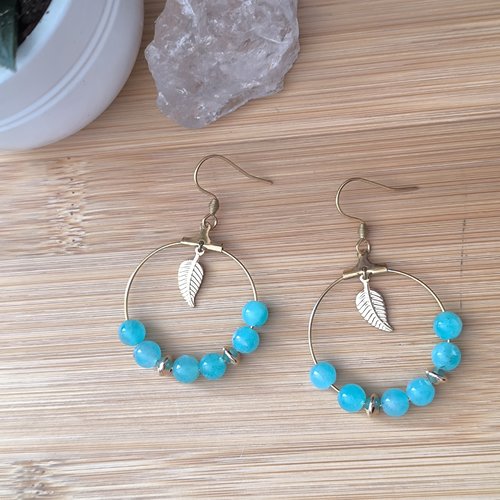 Boucles plume en amazonite extra et acier inoxydable doré