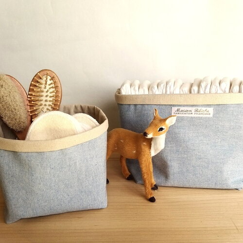 Panières de rangement bleue et écru 2 pièces. rangement table à langer. sac à couche. panière bb tissu