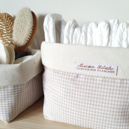 Panières de rangement  matelassées vichy beige. corbeille rangement salle de bain, deco chambre bébé petits carreaux
