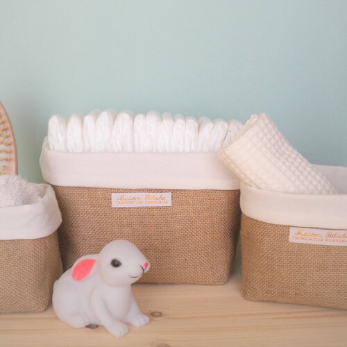 Panières de rangement toile de jute,  tissu coton écru.  3 pièces. rangement salle de bain. panière tissu , rangement bb, panier tissu bb.
