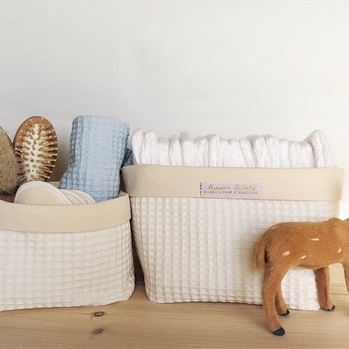 Panières de rangement  grosse toile et nid d'abeille écru 2 pièces. rangement table à langer. sac à couche. panière bb tissu