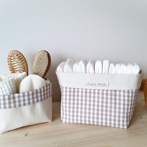 Panières de rangement  grosse toile et tissu vichy beige. panière rangement salle de bain, panière rangement table à langer