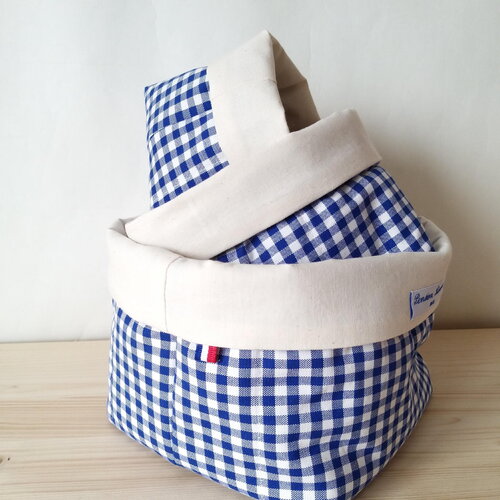 Panières de rangement matelassées vichy bleu marine et écru, 3 pièces. paniers déco style français, rangement salle de bain, déco dortoir