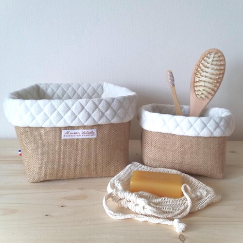 Panières de rangement toile de jute et matelassé écru 2 pièces. rangement table à langer. panier salle de bain