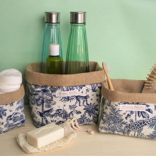 Panières de rangement toile de jute,  tissu imprimé jungle bleu marine.  3 pièces. rangement salle de bain. panière tissu toile de jouy.