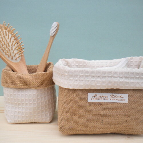 Panières de rangement toile de jute,  tissu nid d'abeille écru.  2 pièces. rangement salle de bain. rangement table à langer.