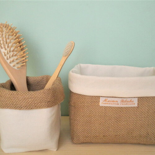 Panières de rangement toile de jute,  tissu coton écru.  2 pièces. rangement salle de bain. rangement table à langer