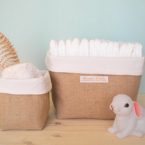 Panières de rangement toile de jute,  tissu coton écru.  2 pièces. rangement salle de bain. rangement table à langer.