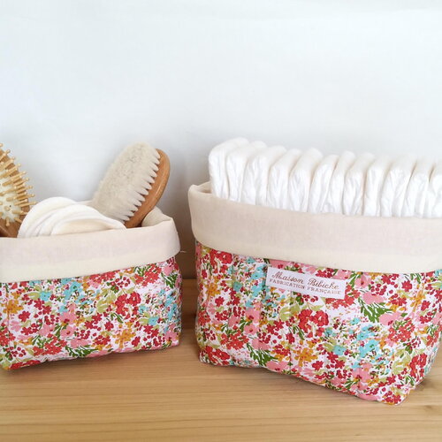 Panières de rangement matelassées fleuries 2 pièces, rangement salle de bain, déco table à langer, panier tissu déco, vide-poches liberty