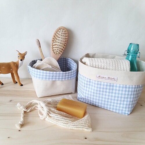 Panières de rangement  grosse toile et tissu vichy bleu. panière rangement salle de bain, panière rangement table à langer