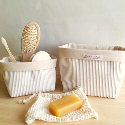 Panières de rangement velours écru , rangement salle de bain, rangement table à langer, panier tissu déco, vide-poches tissu