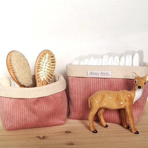 Panières de rangement velours écru 2 pièces, rangement salle de bain, rangement table à langer, panier tissu déco, vide-poches tissu