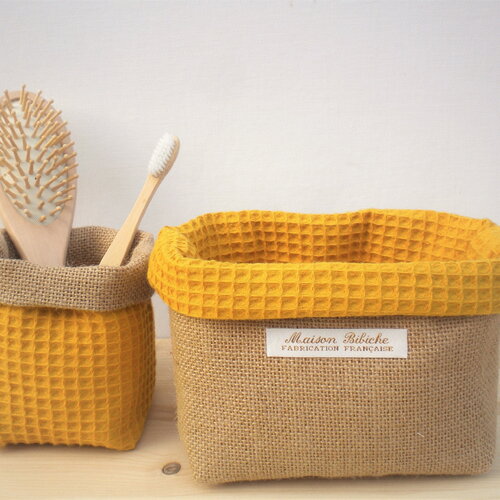 Panières de rangement toile de jute,  tissu nid d'abeille moutarde.  2 pièces. rangement salle de bain. rangement table à langer.