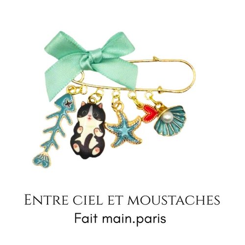 Broche chat plaqué or – bijou été fait main – étoile de mer, coquillage & cœur – cadeau femme original poétique