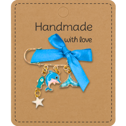 Broche dorée "entre ciel et mer" – bijou porte-bonheur artisanal, fait main, dauphin, œil et étoile
