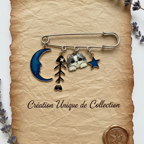 Broche chat noir et lune – bijou artisanal poétique, cadeau symbolique fait main