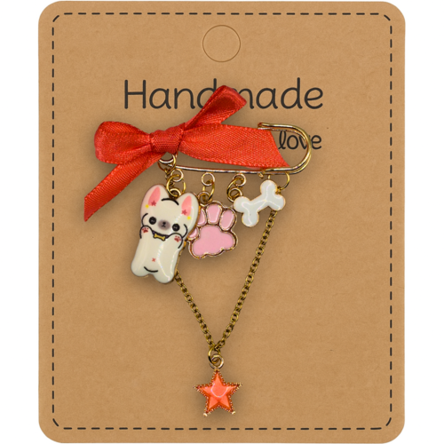 Broche mon toutou porte-bonheur – bijou artisanal chien blanc, patte rose, os et étoile – cadeau tendre pour amoureux des animaux