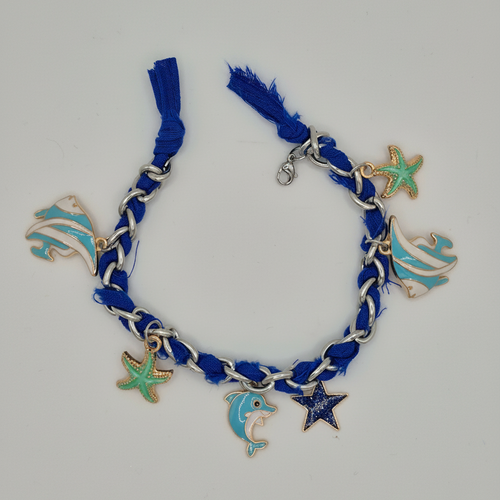 Bracelet marin fait main bleu et doré, poisson et étoiles de mer, bijou artisanal en acier inox, idée cadeau femme