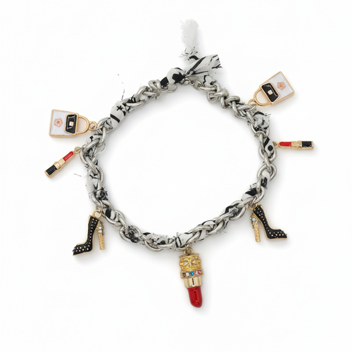 Bracelet femme chaîne argentée breloques rouge à lèvres – bijou fantaisie chic en acier inoxydable – idée cadeau femme